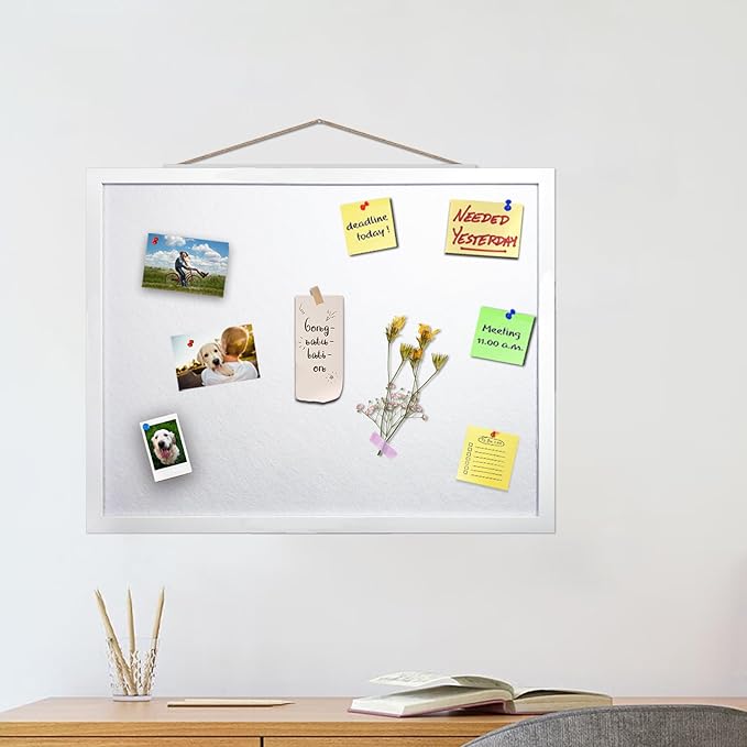 White Bulletin Board Cork Boards Vision Board with Felt, 23"x17" Small Display Pin Board for Walls, Desk, Jewelry, Notes, Collection, Photos, Office, White Framed and Felt Board, 1pc