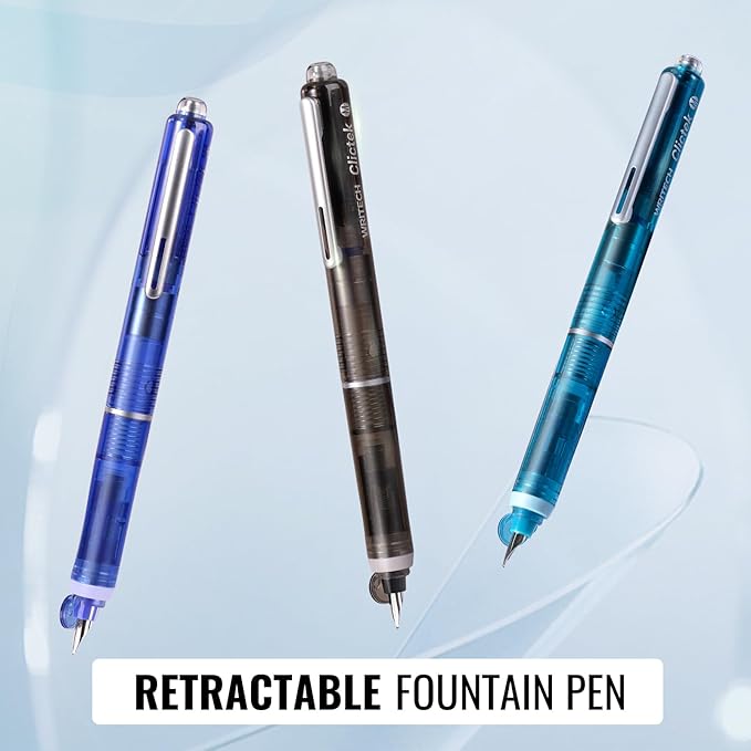 WRITECH Clictek Fountain Pen Retractable: Blue Ink Medium Nib Transparent Barrel, Gift Set Includes 5 Ink Cartridges for Smooth Writing No Leaking