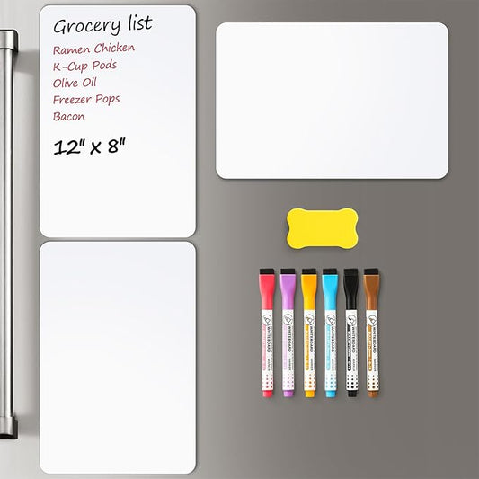 3 Pack Magnetic Dry Erase Board Sheet for Fridge, 12"x8" Erasable Refrigerator WhiteBoard w/ 6 Markers & 1 Eraser- Smooth and Flexible Small Magnet Blank Notepad for Home Kitchen Organizer and Planner