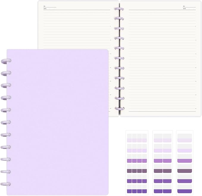 Discbound Notebook, 8-Disc Disbound Planner with Removable Pages, 180 Pages Spiral Notebook, Poly Cover Discbound Planner for Work, Travel, Note Taking(With Index Sticker),Purple,A4