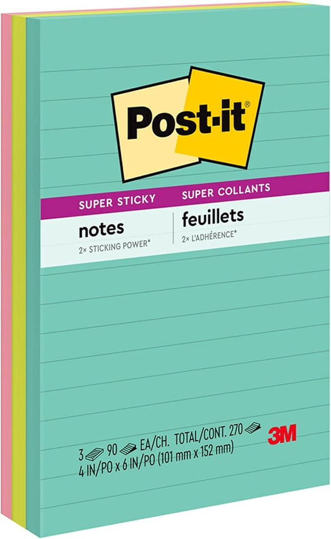 Post-it Super Sticky Lined Notes, 3 Sticky Note Pads, 4 x 6 in., School Supplies for Students, Ideal for Textbooks, Notebooks, Walls and Vertical Surfaces, Supernova Neons Collection