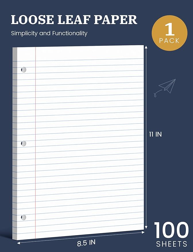 Loose Leaf Paper Lined Paper, 100 Sheets Notebook Paper, Binder Paper Wide Ruled, 8.5'' x 11'' Loose Leaf Notebook Paper, 3-Hole Punched Writing Paper, Filler Paper for 3-Ring Binder Note Paper, White