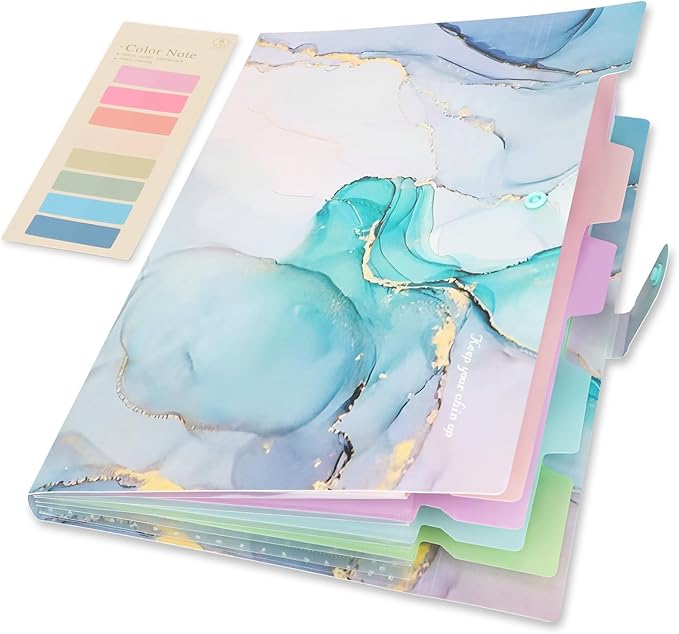 Ddaowanx Expanding File Folder, Letter A4 Size Accordion Plastic File Organizer, 5 Pocket Folders for Documents, Aesthetic Folder with Labels, Paper Organizer for School Office (Blue Marble)