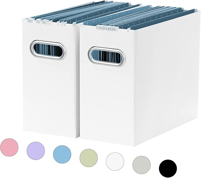 Oterri File Organizer, Small Storage Box, Cardboard File Folder Organizer, Collapsible File Box, Hanging File Organizer for Letter Size, Portable File Box with Handle, Only Box（White，2 Packs）