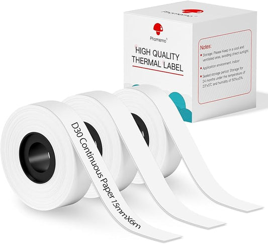 Phomemo D30 Continuous White Label Paper • 0.59"x23.62" • (15mm X 6m) • Black on White • Compatible for D30 Label Maker • Thermal Printing Inkless & Clean • Labeling for Home Organization & Office