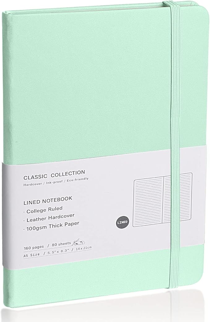Lined Journal Notebook, (Eggshell Green), 160 Pages, Medium 5.7 inches x 8 inches - 100 gsm Thick Paper, Hardcover