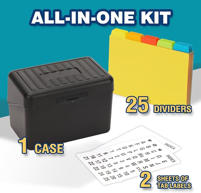 H4D Index Card Holder 4x6 Inches with 25 Plastic Dividers, Black