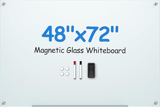 VUSIGN Glass Whiteboard 48" x 72" Magnetic Dry Erase for Office School, Home, Frameless Mounting, Includes 4 Magnets, 2 Markers and 1 Erasers