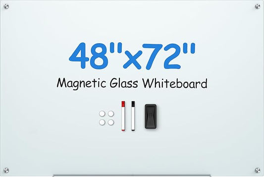 VUSIGN Glass Whiteboard 48" x 72" Magnetic Dry Erase for Office School, Home, Frameless Mounting, Includes 4 Magnets, 2 Markers and 1 Erasers