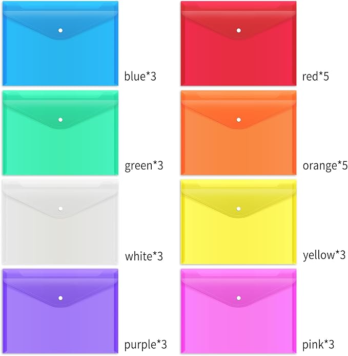 EOOUT 28pcs Folders for Documents, Plastic Envelopes with Snap Closure, Poly Folders, 8 Colors, A4 Letter Size, for School and Office Supplies