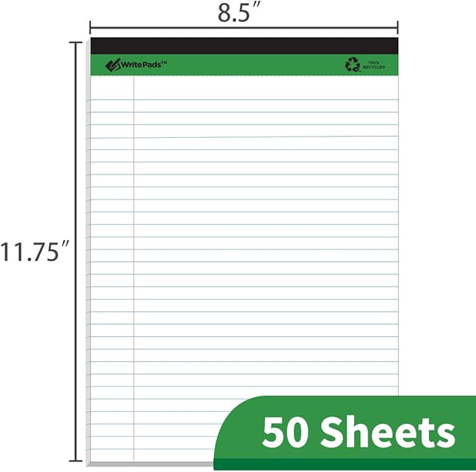 KAISA Legal Pads Writing Pads Recycled Paper Pads, 8.5"x11.75" Wide Ruled, 50 sheets/Pad 8-1/2"x 11-3/4" Large Perforated Writed Pad, White 24pads