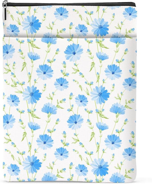 Blue Flowers Pattern Book Lovers Gifts Waterproof Book Sleeve Book Pouch Book Protector with Zipper and Front Pocket BookCover Case for Women Best Friend Sister Book Accessories Book Club Gifts