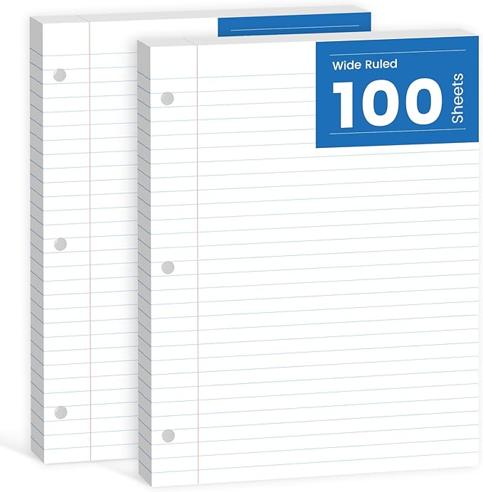 Loose Leaf Paper 8.5 x 11, Loose Leaf Notebook Paper, 200 Sheets Binder Paper 8-1/2 x 11'', 3-Hole Punched Filler Paper Notebook Binder Paper, Wide Ruled Loose Leaf Paper, 2 Pack, 100 Sheets/Pad