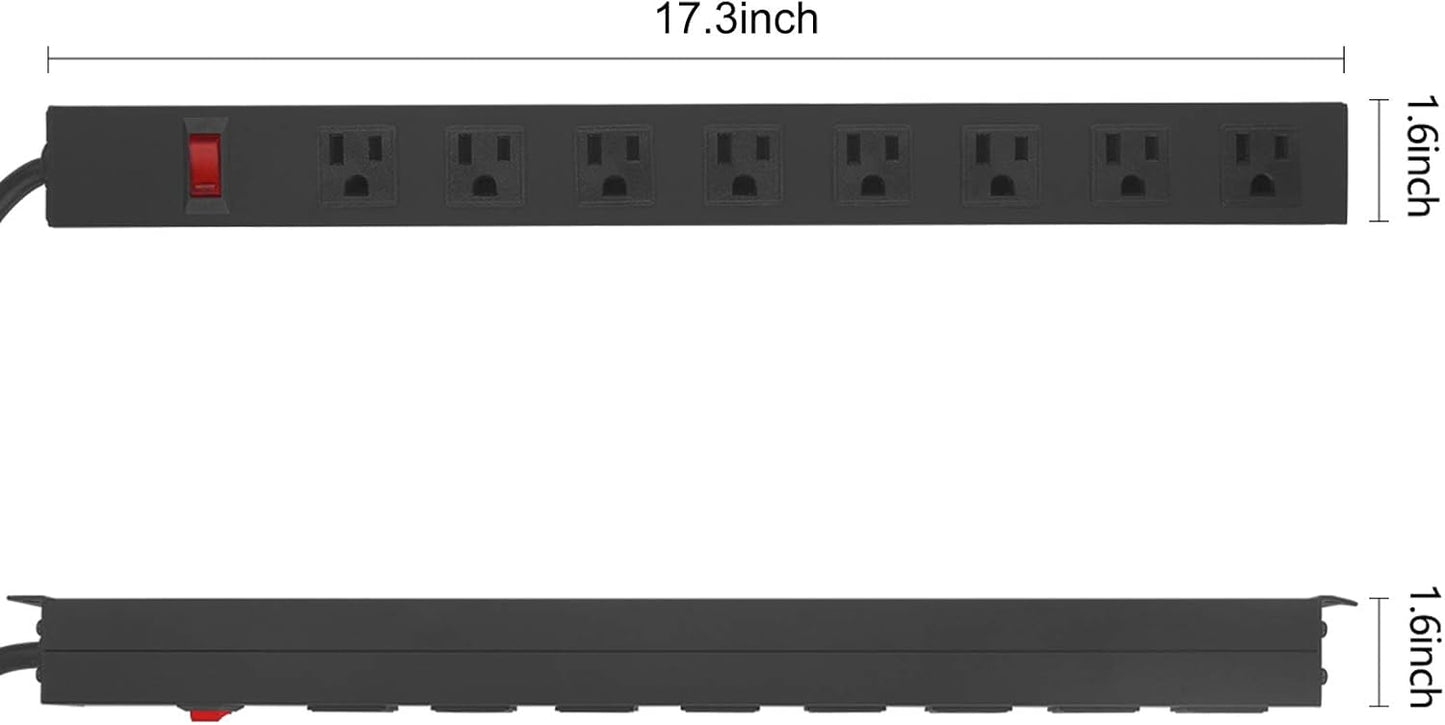 2Pack Metal 8 Outlet Mountable Power Strip, Wall Mount Outlet Heavy Duty, Wide Spaced Commercial Shop Power Strip with Switch, 15 FT SJT 14AWG Power Cord.