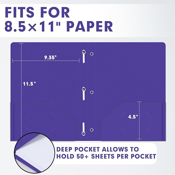 Plastic 2 Pocket Folders with Prongs, 30 Pack, Heavyweight, Letter Size Poly Folders with 3 Metal Prongs Fastener Clips (Purple)