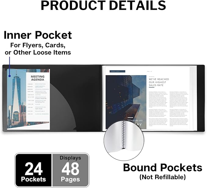 Dunwell 8.5x11 Portfolio Binder (Horizontal), Plastic Presentation Book, 24 Pockets Displays 48 Pages of Letter Size Documents, Certificates, Keepsakes, Art Portfolio Folder, Acid-Free Poly