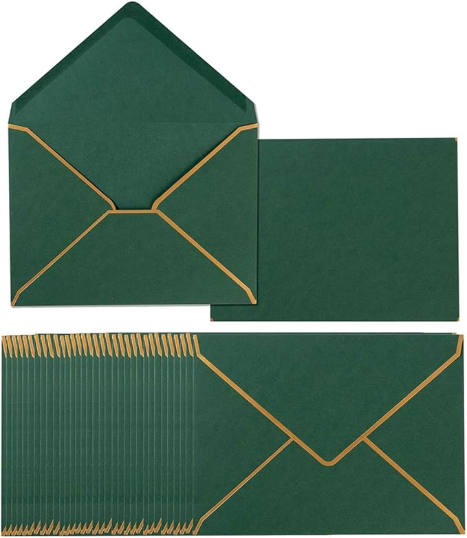 50 Pack A4 Envelopes Dark Green 4x6 Self-Adhesive V Flap Envelopes with Gold Border for Office, Wedding Gift Cards, Invitations, Graduation, Baby Shower, Parties (4.25x6.25 inches)
