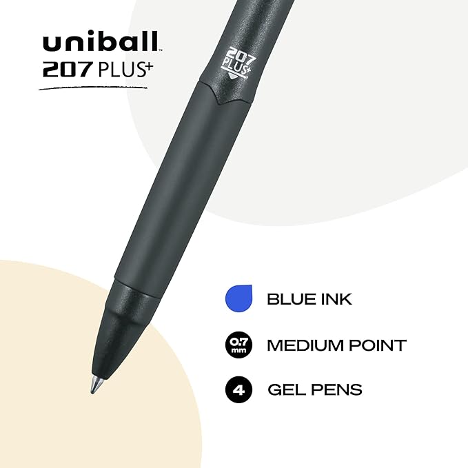 Uniball Signo 207+ Gel Pen 4 Pack, 0.7mm Medium Blue Pens, Gel Ink Pens | Office Supplies Sold by Uniball are Pens, Ballpoint Pen, Colored Pens, Gel Pens, Fine Point, Smooth Writing Pens