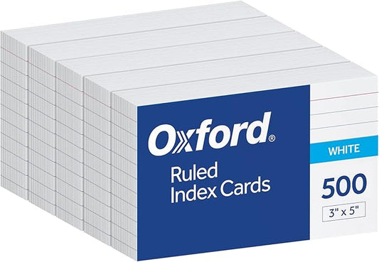 Oxford Index Cards, 3 x 5 Inches, White, Lined on Front, Blank on Back, Flashcards for School and Studying, Recipe Note Cards, 500 Count (5 Packs of 100) (40176)