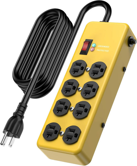 HEZI 20A Power Strip Surge Protector Durable Metal 8-Outlet with Heavy Duty 20 Amp Extension Cord,12 Gauge for Garage,Workshop & Industrial Use with 6-20R T-Slot Outlets,4800J(Yellow,6FT)