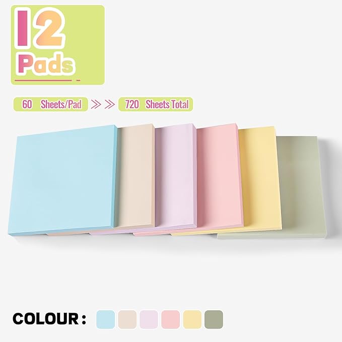 YEECOK Sticky Notes 3x3 in, 12 Pads, Morandi Colors Self-Stick Note Pads, Sticky Pads Aesthetic, Super Sticking Power, Colorful Sticky Notes Bulk