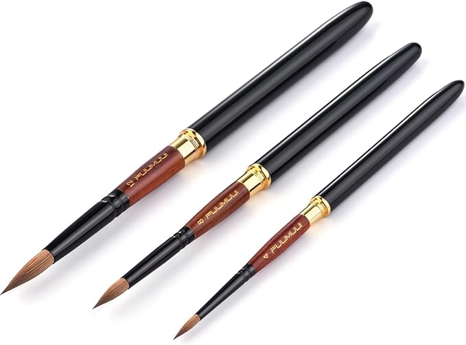 Kolinsky Travel Watercolor Brushes, Fuumuui 3Pcs Plein Air Elegant Kolinsky Sable Watercolor Brushes with Pocket Size Leather Pouch Perfect for Watercolor Gouache Ink Painting