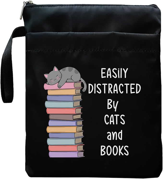 Book Sleeve, Book Covers with Zipper, Funny Cat & Book for Book Lovers, Gifts for Women Teacher Librarian Bookworm Bookish- Easily Distracted by Cats and Books (Black-D, Large)