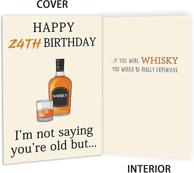Funny 24th Birthday Card for Her Him, Happy 24th Birthday Decorations for Men Women, Unique 24th Birthday Gifts for Son Daughter, Whiskey 24 year old Bday Gift Ideas