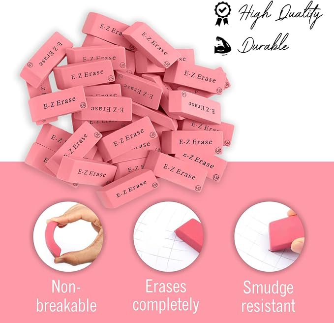 Pink Erasers, Erasers for Kids, Rubber Eraser, 12 Count, Erasers Bulk for School Supplies, Art, and Office Use