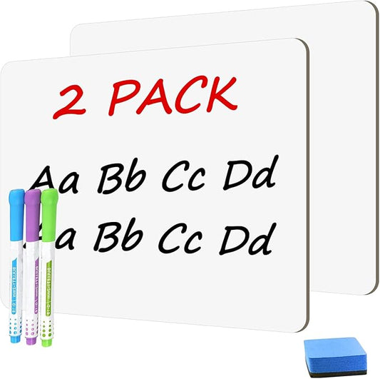 2 PC Small White Board Dry Erase Classroom Pack Boards 9" x12” Personal Whiteboards for Students Teachers School Supplies Lapboards,with Whiteboard Erasers Incl and Colors Pens