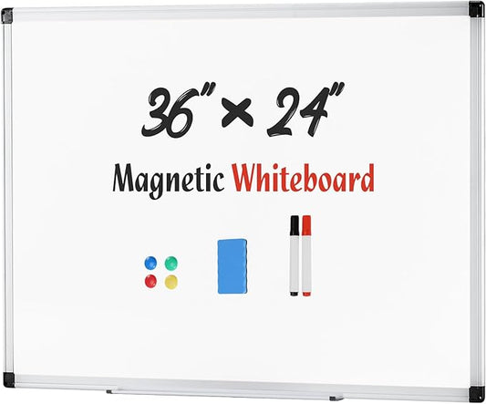 Sweetcrispy Magnetic Dry Erase Board, 36 X 24 Inches Whiteboard for Home Office School, Sliver Reinforced Aluminum Frame,1 Dry Eraser & 2 Dry Erase Markers & 4 Magnetic Pins
