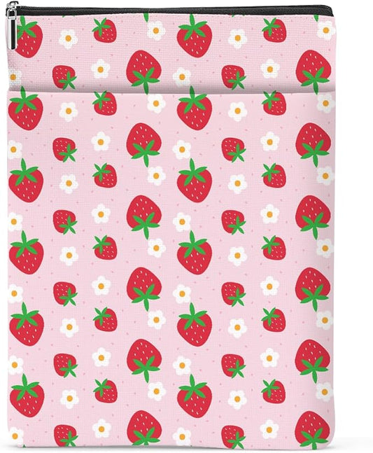 Strawberry Pattern Book Lovers Gifts Waterproof Book Sleeve Book Pouch Book Protector with Zipper and Front Pocket BookCover Case for Women Girl Grandma Mom Book Accessories Book Club Gifts