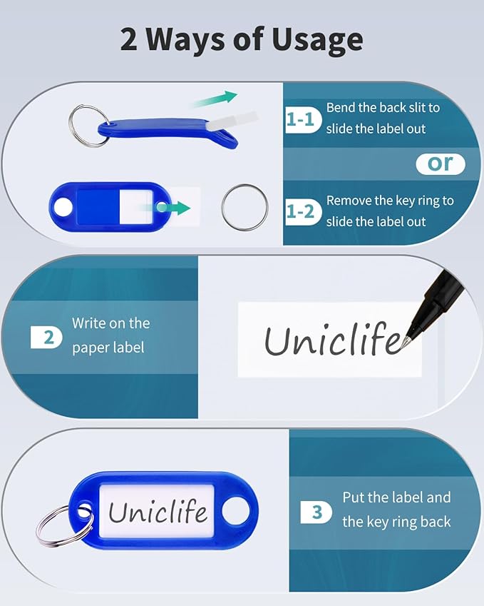 Uniclife 40 Pieces Key Tags 2 Inch Soft Plastic Key Chain Tags with Blank Paper Labels Clear Windows Protective Films and Split Rings Flexible Item Identifiers, Blue