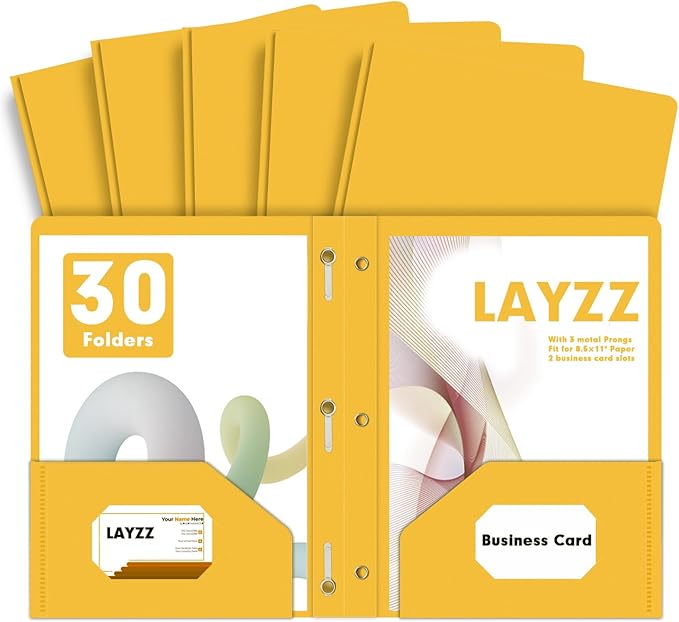 Plastic 2 Pocket Folders with Prongs, 30 Pack, Heavyweight, Letter Size Poly Folders with 3 Metal Prongs Fastener Clips (Yellow)
