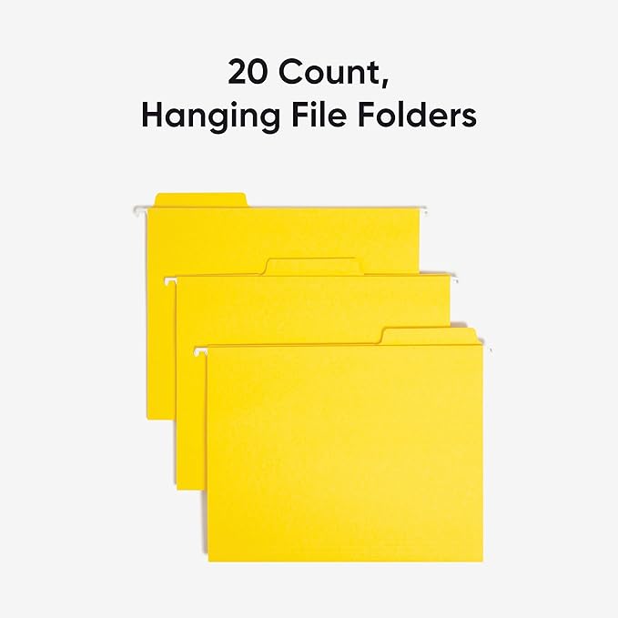 Smead FasTab Hanging File Folder, 1/3-Cut Built-in Tab, Letter Size, Yellow, 20 per Box (64097) (Pack of 1)
