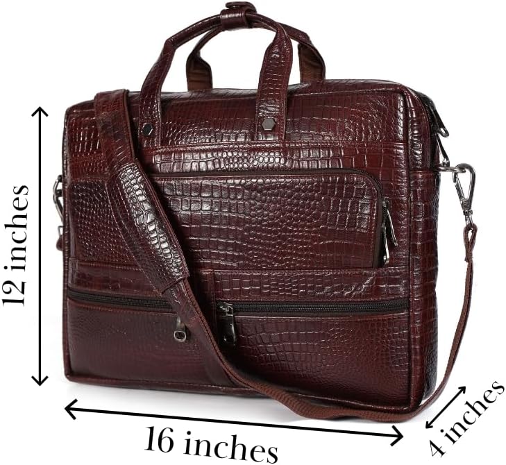 Crocodile Embossed leather bag for men, 5 Zipper Pockets with Spacious Compartments.,12 x 16 x 4 inches.