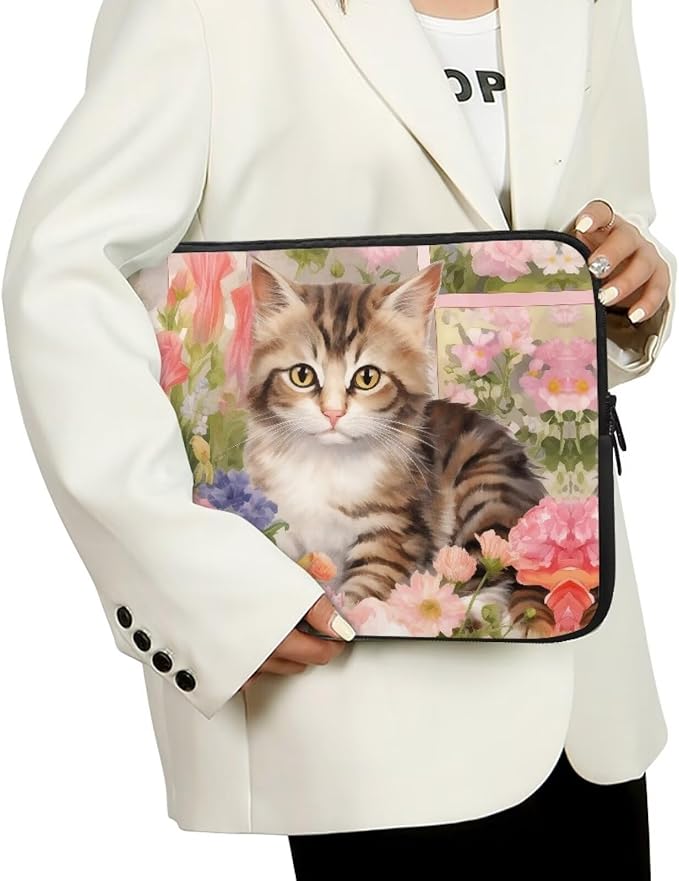 Cat Rose Printed Laptop Bag for Women Men, Lightweight Laptop Briefcase 17 Inch Shockproof Computer Carrying Cover with Zipper, Easy to Carry Laptop Case Bag for Daily Commuting