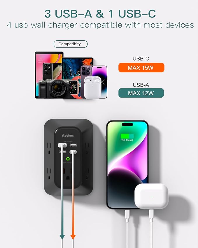 Surge Protector Outlet Extender, Addtam Multi Plug Wall Outlet with 4 USB Ports(1 USB-C), 3-Sided 1800J Power Strip Plug Extension Outlet Splitter, Black