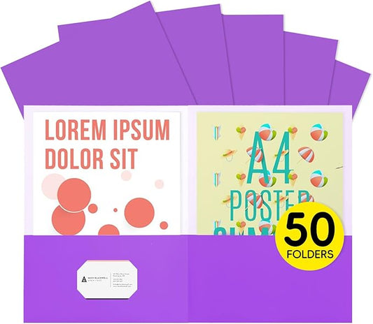 50Pcs Purple Folders with Pockets and Business Card Holder,Two Pocket Folders for School,Home or Office,Durable Heavy Duty File Folders