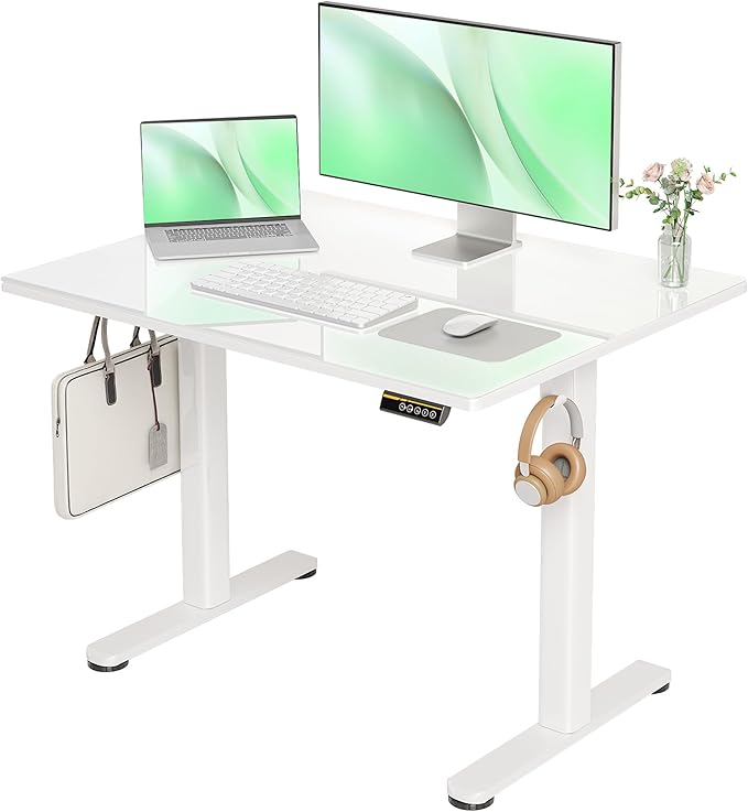 Glass Standing Desk, Small Electric Standing Desk Adjustable Height, 40 Inch Adjustable Stand Up Desk, Quick Install Home Office Computer Desk, Super White