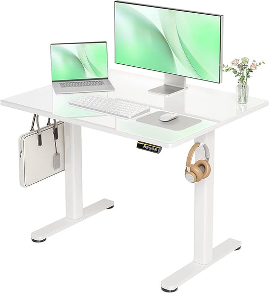 Glass Standing Desk, Small Electric Standing Desk Adjustable Height, 40 Inch Adjustable Stand Up Desk, Quick Install Home Office Computer Desk, Super White