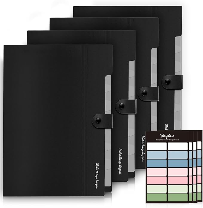 SKYDUE Expanding File Folders with Labels,8 Pockets Accordion File Organizer, Portable Document Paper Organizer, A4 Letter Size Filing Folder for Office, Pack of 4, Black