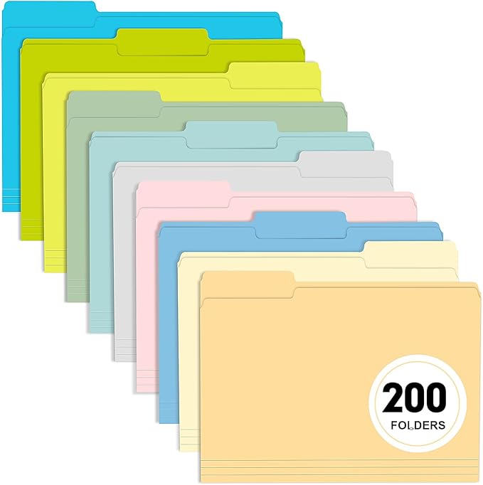 File Folder, RAZCC 200 Pack Colored File Folders, 1/3 Cut Tab File Folder Letter Size, Filing Folders with Tabs for Office School Business Use, Assorted 10 Colors