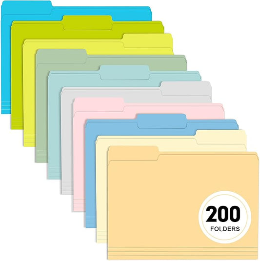 File Folder, RAZCC 200 Pack Colored File Folders, 1/3 Cut Tab File Folder Letter Size, Filing Folders with Tabs for Office School Business Use, Assorted 10 Colors