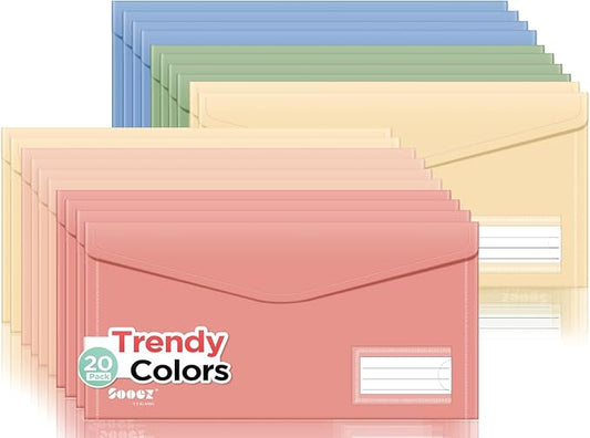Sooez 20 Pack Reusable Envelopes, Small Pencil Pouch, Pencil Bags Bulk, Receipt Cash Holder, Money Bags, Small Plastic Envelopes, Receipt Envelope for School Office Supplies Travel Accessories