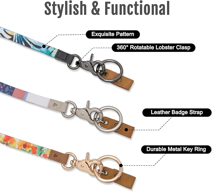 MNGARISTA Neck Lanyard for Keys, Floral Key Lanyard for Women, Durable ID Lanyards with Keyring and Clasp for ID Badges, School ID or Wallets, Chloris