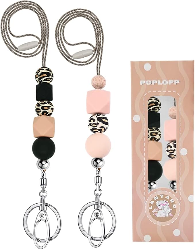 POPLOPP 2PCS Teacher Lanyards for ID Badges and Keys, Cute Silicone Beaded Lanyard for Women Nurse Employees Students