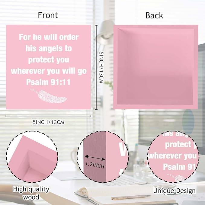 Pink Psalm 91:11 Office Decor Desk Accessories Inspirational Gifts for Women Bible Verse Gifts Pink Christian Office Decor Sign Desk Decorations for Women Home & Office Cute Desk Accessories