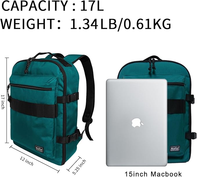 Travel Backpack 17L Lightweight Casual Small Carry-on Daypack 15-inch Laptop Notebook, Underseat Overnight Weekender, Bluish Green