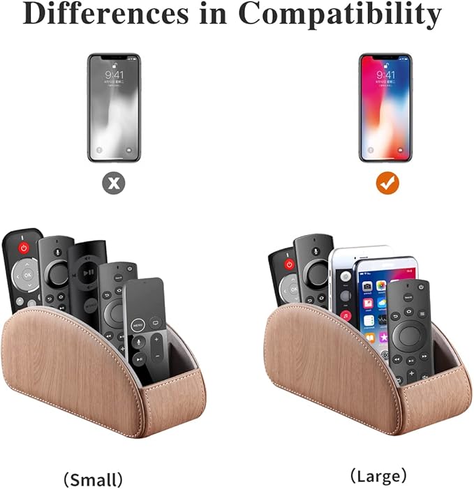 All-in-One Leather TV Remote Control Holder with 5 Compartments Nightstand Desktop Air Conditioner Media Player Remote Caddy Storage Box Organizer Tray For Makeup Brush Pen Stationary Table Controller